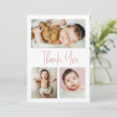 Roze Eenvoudig script meerdere foto's collage baby Bedankkaart (Staand voorkant)