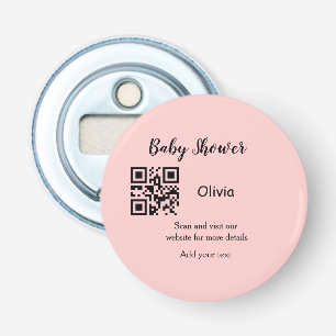 Roze eenvoudige baby shower q r code voeg naam tek button flesopener