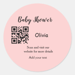 Roze eenvoudige baby shower q r code voeg naam tek ronde sticker