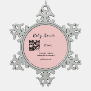 Roze eenvoudige baby shower q r code voeg naam tek tin sneeuwvlok ornament