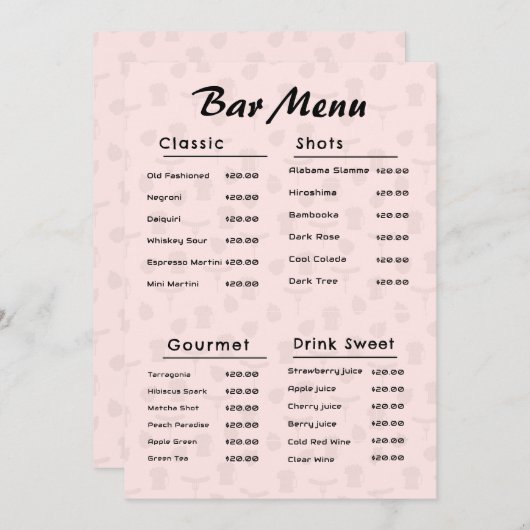 Roze Eenvoudige Bar Drink Menu (Voorkant / Achterkant)