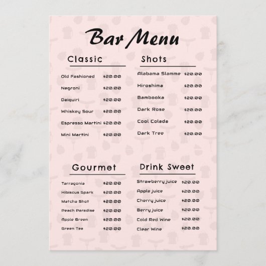 Roze Eenvoudige Bar Drink Menu (Voorkant)
