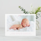 Roze Eenvoudige Bow Foto baby Geboorte Aankondiging (Staand voorkant)