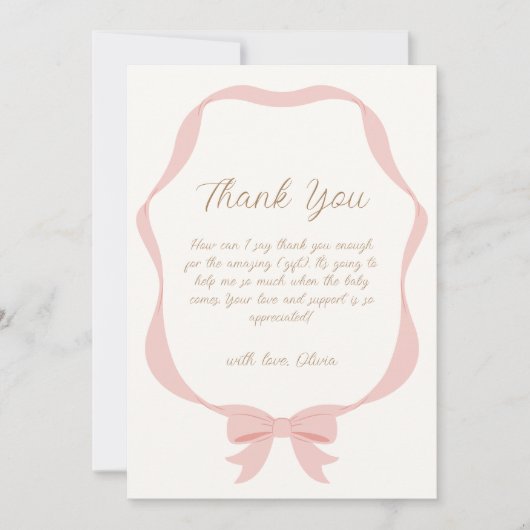 Roze Eenvoudige Bow Girl Baby shower Bedankkaart (Voorkant)