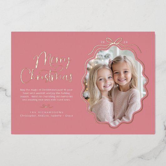 Roze Eenvoudige Bow Wavy Foto Kerstmis Folie Feestdagenkaart (Voorkant)