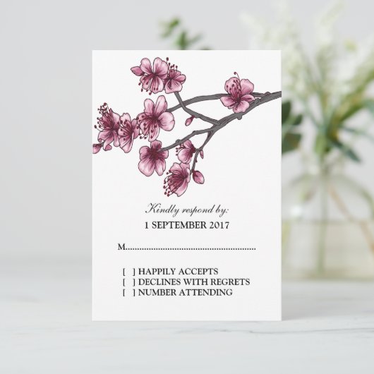 Roze Eenvoudige Cherry Blossom RSVP-kaart RSVP Kaartje (Staand voorkant)