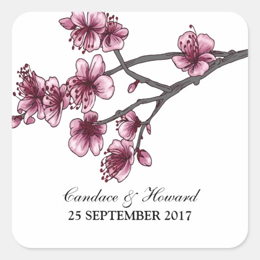 Roze Eenvoudige Cherry Blossom Weddenschappen Vierkante Sticker (Voorkant)