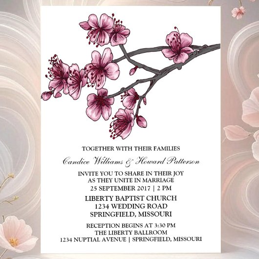 Roze Eenvoudige Cherry Blossom Wedding Invite Kaart