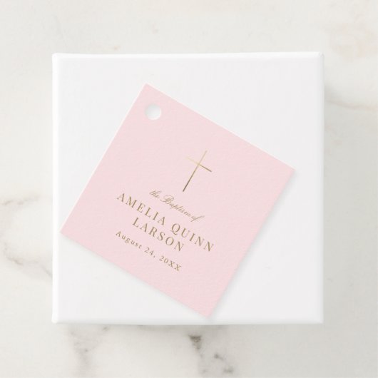 Roze Eenvoudige Elegante Gouden Kruis Doop Bedankjes Labels (In situ)