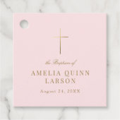 Roze Eenvoudige Elegante Gouden Kruis Doop Bedankjes Labels (Voorkant)
