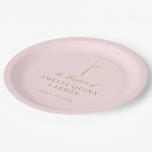 Roze Eenvoudige Elegante Gouden Kruis Doop Papieren Bordje (Gekanteld)