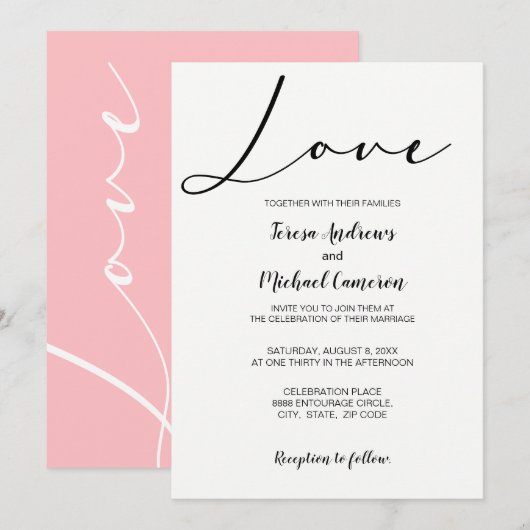 Roze Eenvoudige elegante typografie Love Wedding Kaart (Voorkant / Achterkant)