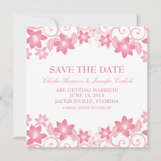 Roze Eenvoudige Floral sparen de Datum uitnodigen Kaart (Voorkant)