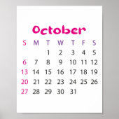 Roze Eenvoudige Kalender Oktober 2023 Poster (Voorkant)