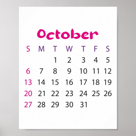 Roze Eenvoudige Kalender Oktober 2023 Poster (Voorkant)