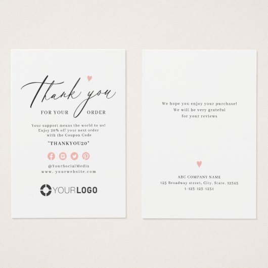 Roze eenvoudige manuscript bedrijfs logo dank u tu visitekaartje (Voorkant /achterkant)