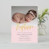 Roze Eenvoudige Moderne Kalligrafie Doop Foto Folie Uitnodiging (Staand Voorkant)