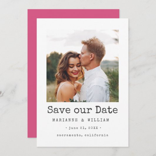 Roze eenvoudige SQUARE-fotobruiloft met de datum Save The Date (Voorkant / Achterkant)