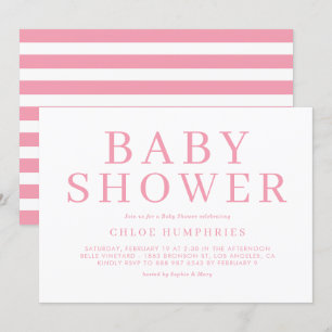 Roze Eenvoudige Typografie Stripes Girl Baby showe Kaart