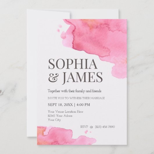Roze eenvoudige Waterverf bruiloft Kaart (Voorkant)