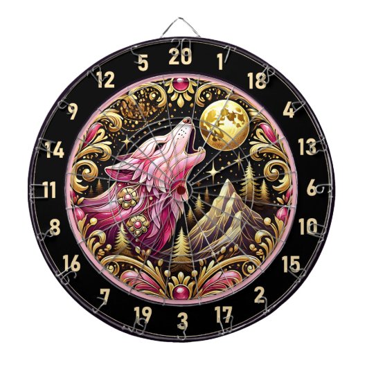 Roze eenzame wolf huilt onder sterrenhemel dartbord (Voorkant)