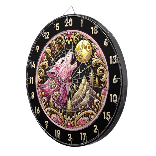 Roze eenzame wolf huilt onder sterrenhemel dartbord (Voorkant Rechts)