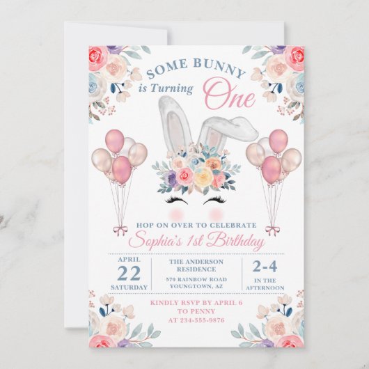 Roze eerst een Bunny Floral ballonmeisje Kaart (Voorkant)