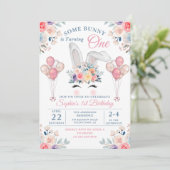 Roze eerst een Bunny Floral ballonmeisje Kaart (Staand voorkant)