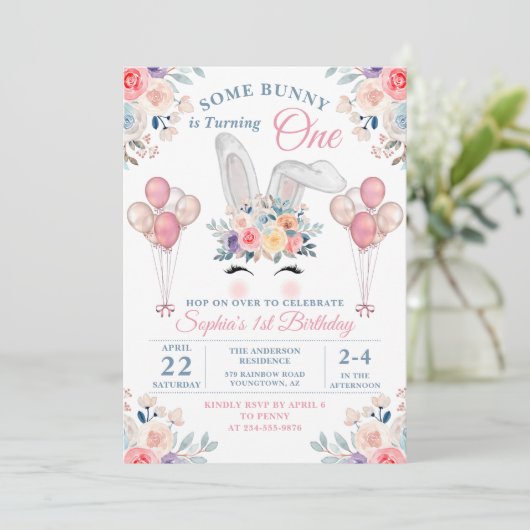 Roze eerst een Bunny Floral ballonmeisje Kaart (Staand voorkant)