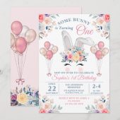Roze eerst een Bunny Floral ballonmeisje Kaart (Voorkant / Achterkant)