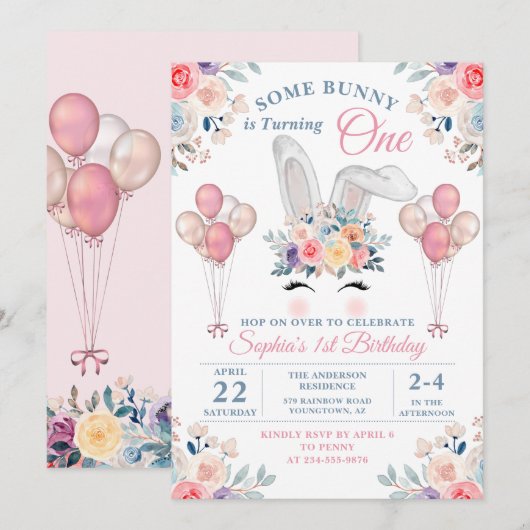 Roze eerst een Bunny Floral ballonmeisje Kaart (Voorkant / Achterkant)