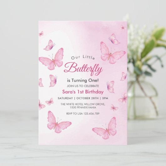Roze Eerste 1e Verjaardag Vlinders Party Kaart (Staand voorkant)