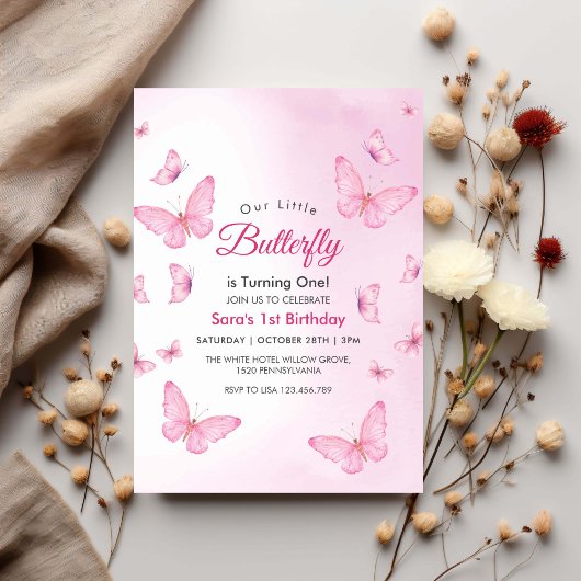 Roze Eerste 1e Verjaardag Vlinders Party Kaart
