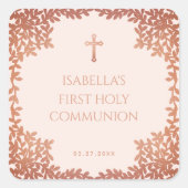Roze Eerste Communie Meisje Roos Goud Bladeren Ele Vierkante Sticker (Voorkant)