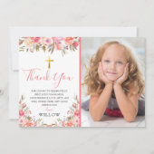 Roze eerste heilige communie foto dank u bedankkaart (Voorkant)