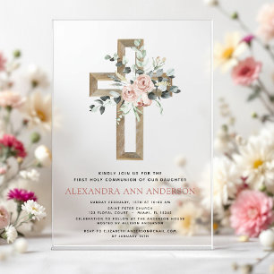 Roze Eerste Heilige Communie Rozen Groene Decorati Acryl Uitnodigingen
