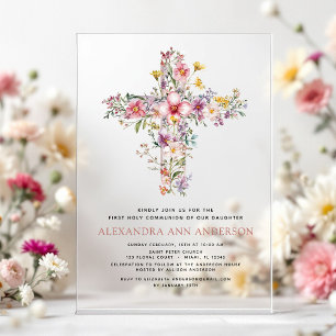 Roze Eerste Heilige Communie Rozen Groene Decorati Acryl Uitnodigingen