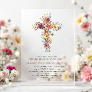 Roze Eerste Heilige Communie Rozen Groene Decorati Acryl Uitnodigingen