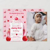 Roze eerste kersen en cupcake verjaardagsfeestje f kaart (Voorkant / Achterkant)