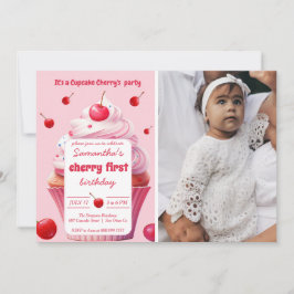 Roze eerste kersen en cupcake verjaardagsfeestje f kaart