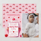 Roze eerste kersen en cupcake verjaardagsfeestje f kaart (Voorkant / Achterkant)