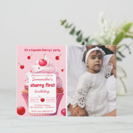 Roze eerste kersen en cupcake verjaardagsfeestje f kaart