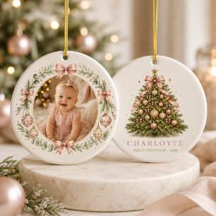 Roze Eerste Kerst Boog Foto van Baby Meisje Keramisch Ornament