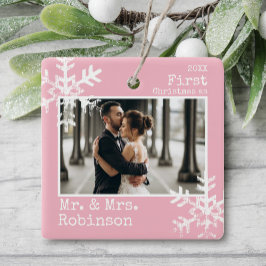 Roze Eerste Kerst Gescheiden Huwelijksfoto Keramisch Ornament