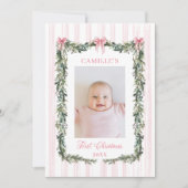 Roze eerste kerstbaby meisje fotokaart kaart (Voorkant)