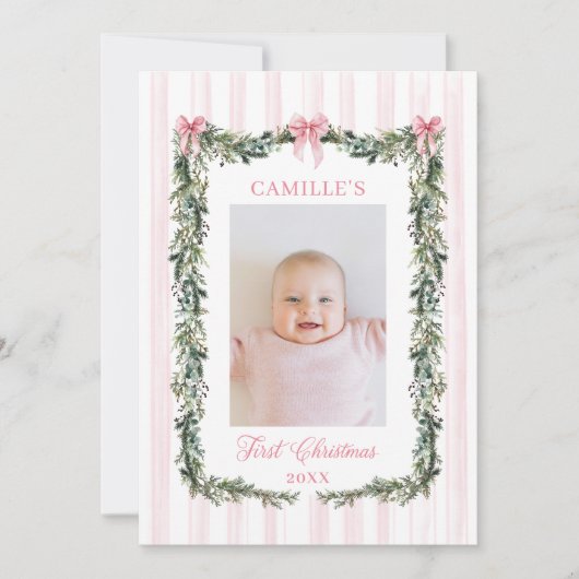 Roze eerste kerstbaby meisje fotokaart kaart (Voorkant)