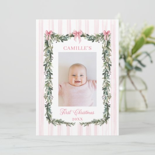 Roze eerste kerstbaby meisje fotokaart kaart (Staand voorkant)