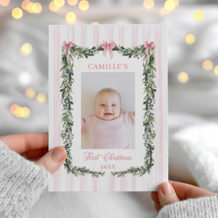 Roze eerste kerstbaby meisje fotokaart kaart