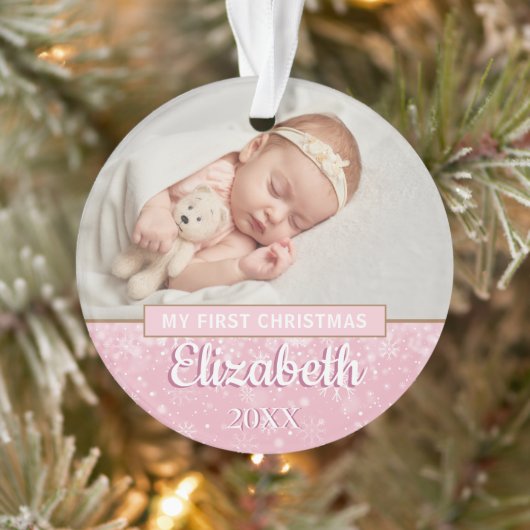 Roze Eerste Kerstbaby's Foto's Sneeuwvlokken Ornament (Boom)