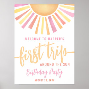 Roze Eerste Reis Rond De Zon 1e Verjaardag Bord Poster
